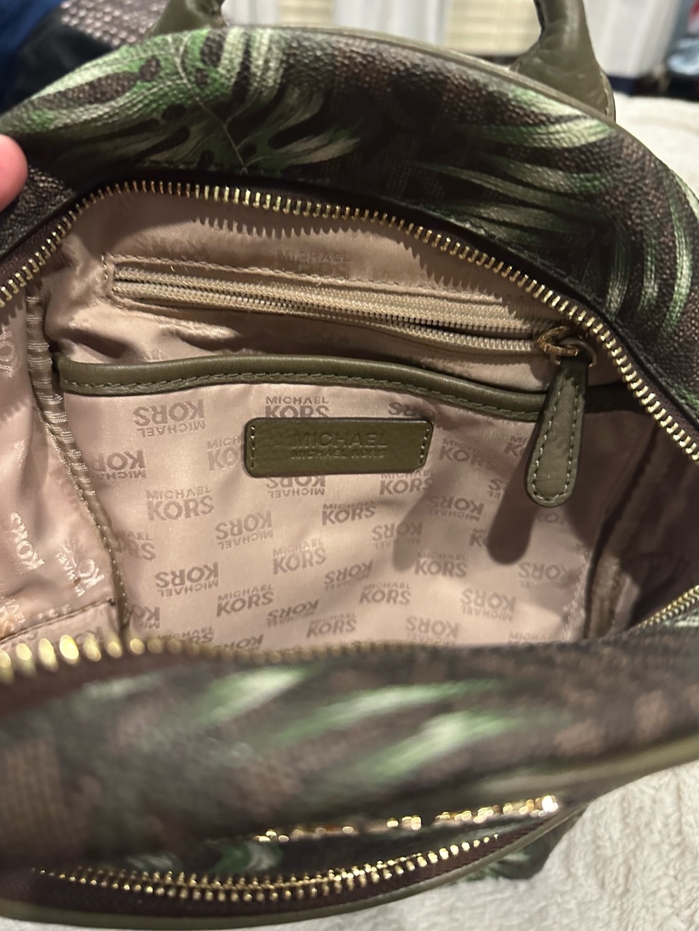 Michael Kors Brown Backpack with Green Tropical Leaf Print - Picture 4 of 5